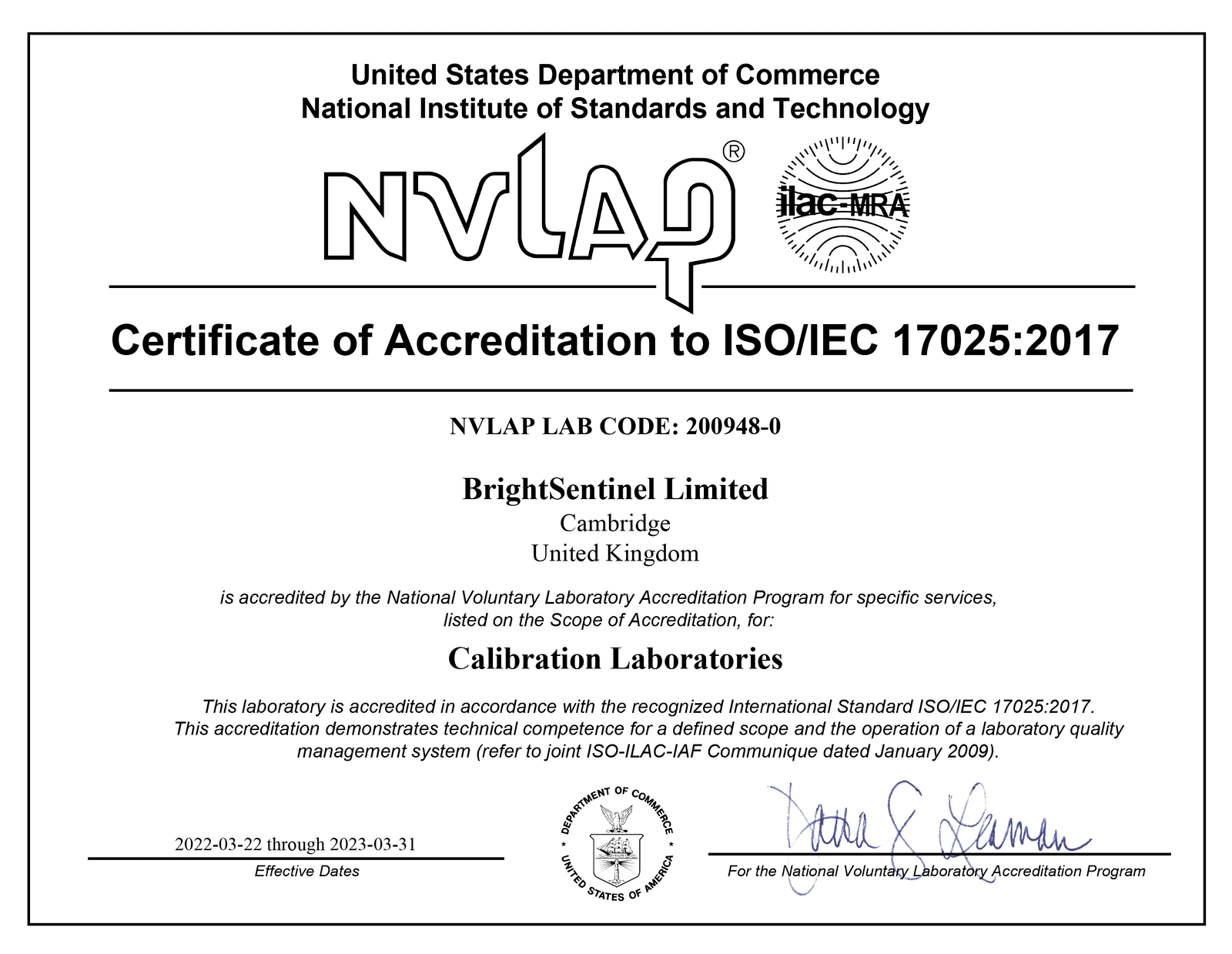 NVLAP accredited certification