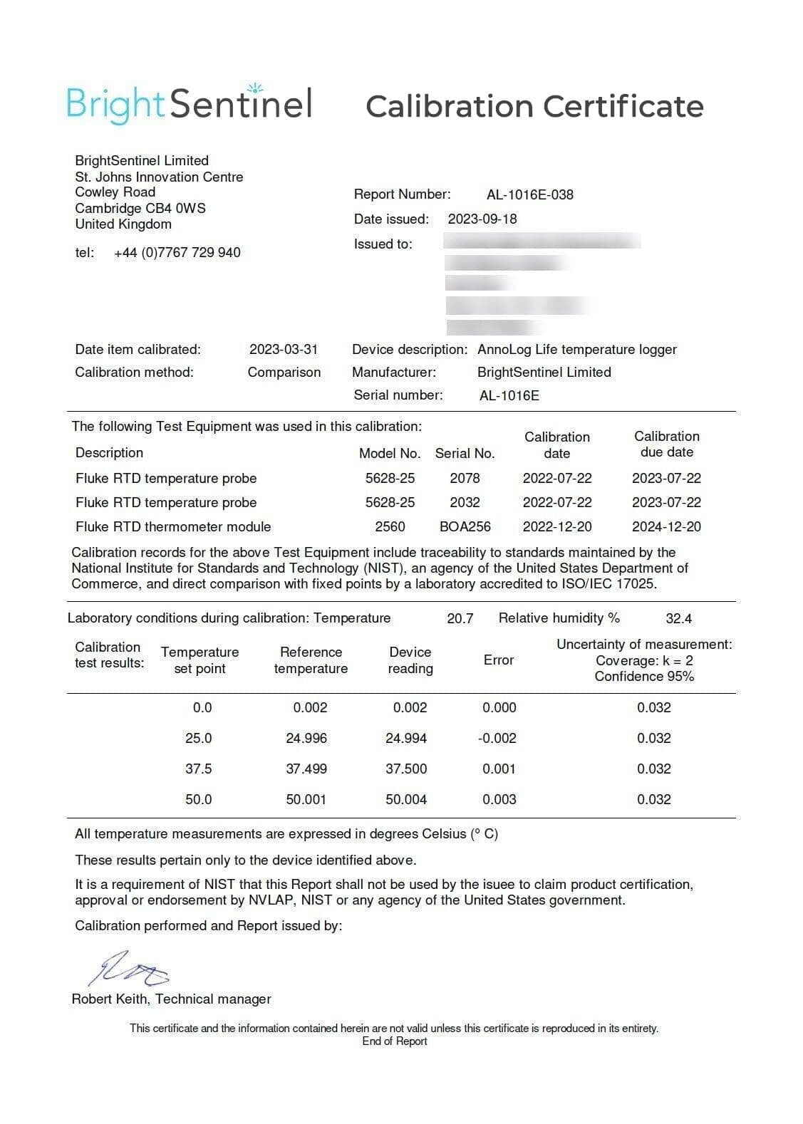 BrightSentinel Calibration Certificate